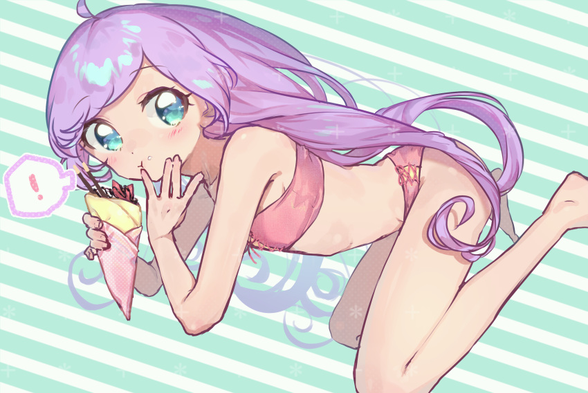 ! :t ahoge aqua_background aqua_eyes armpit_crease bare_arms bare_legs bare_shoulders barefoot bikini blush breasts chocolate close-up collarbone commentary_request crepe dutch_angle eating female food food_on_face food_wrapper from_side fruit highres holding holding_food long_hair looking_away looking_to_the_side manaka_laala midriff multicolored_background nekono_moni pink_bikini pocky pout pretty_series pripara purple_hair sideboob sideways_glance small_breasts solo speech_bubble spoken_exclamation_mark stomach strapless strapless_bikini strawberry striped striped_background swimsuit very_long_hair white_background