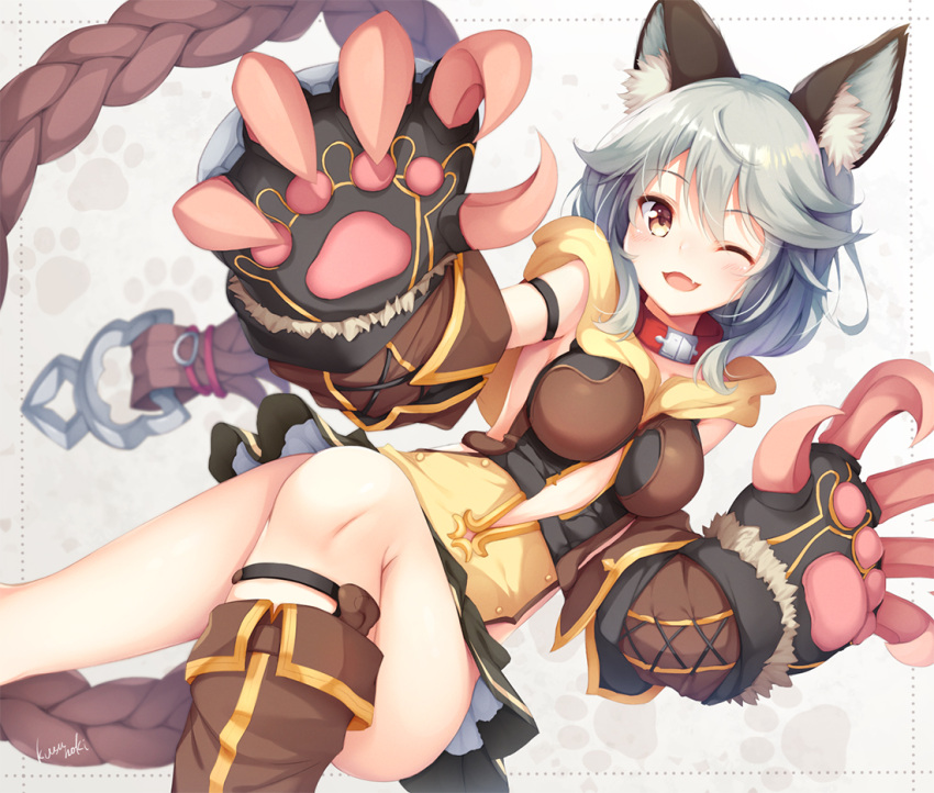 ;d animal_ear_fluff animal_ears animal_hands arm_strap blush boots breasts brown_eyes brown_footwear claw_(weapon) claws collar erune female gloves granblue_fantasy grey_hair hair_between_eyes kusunoki_(escude) large_breasts looking_at_viewer oerba_yun_fang one_eye_closed open_mouth paw_gloves sen_(granblue_fantasy) skirt smile solo weapon