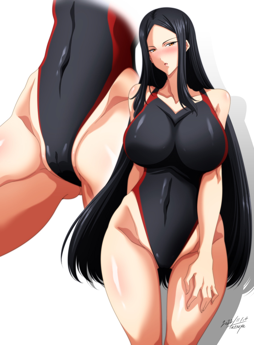 ass_visible_through_thighs black_hair blush breasts brown_eyes cameltoe competition_swimsuit covered_navel dated female highleg highleg_swimsuit highres huge_breasts impossible_clothes impossible_swimsuit long_hair looking_at_viewer multiple_views one-piece_swimsuit original parted_lips signature simple_background swimsuit tatsuya_(guild_plus) thick_thighs thighs very_long_hair white_background