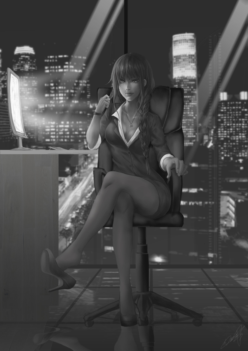 absurdres alter/ego alys braid breasts cleavage computer dariap_(mikkie) female greyscale high_heels highres jewelry long_hair monochrome necklace office_lady pantyhose shoe_dangle source_request town voxwave watch