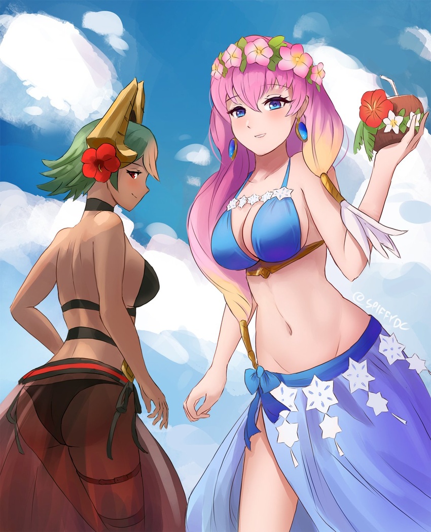 2girls ass bikini bikini_top_only blonde_hair blue_eyes blue_sky breasts cleavage closed_mouth cloud coconut commentary dark-skinned_female dark_skin day earrings fire_emblem fire_emblem_heroes flower from_behind fruit_cup gradient_hair green_hair groin gunnthra_(fire_emblem) gunnthra_(summer)_(fire_emblem) hair_flower hair_ornament head_wreath highres holding jewelry laegjarn_(fire_emblem) laegjarn_(summer)_(fire_emblem) large_breasts long_hair looking_back multicolored_hair multiple_girls navel orange_hair outdoors pink_hair red_eyes sarong short_hair sky smile spiffydc swimsuit twitter_username