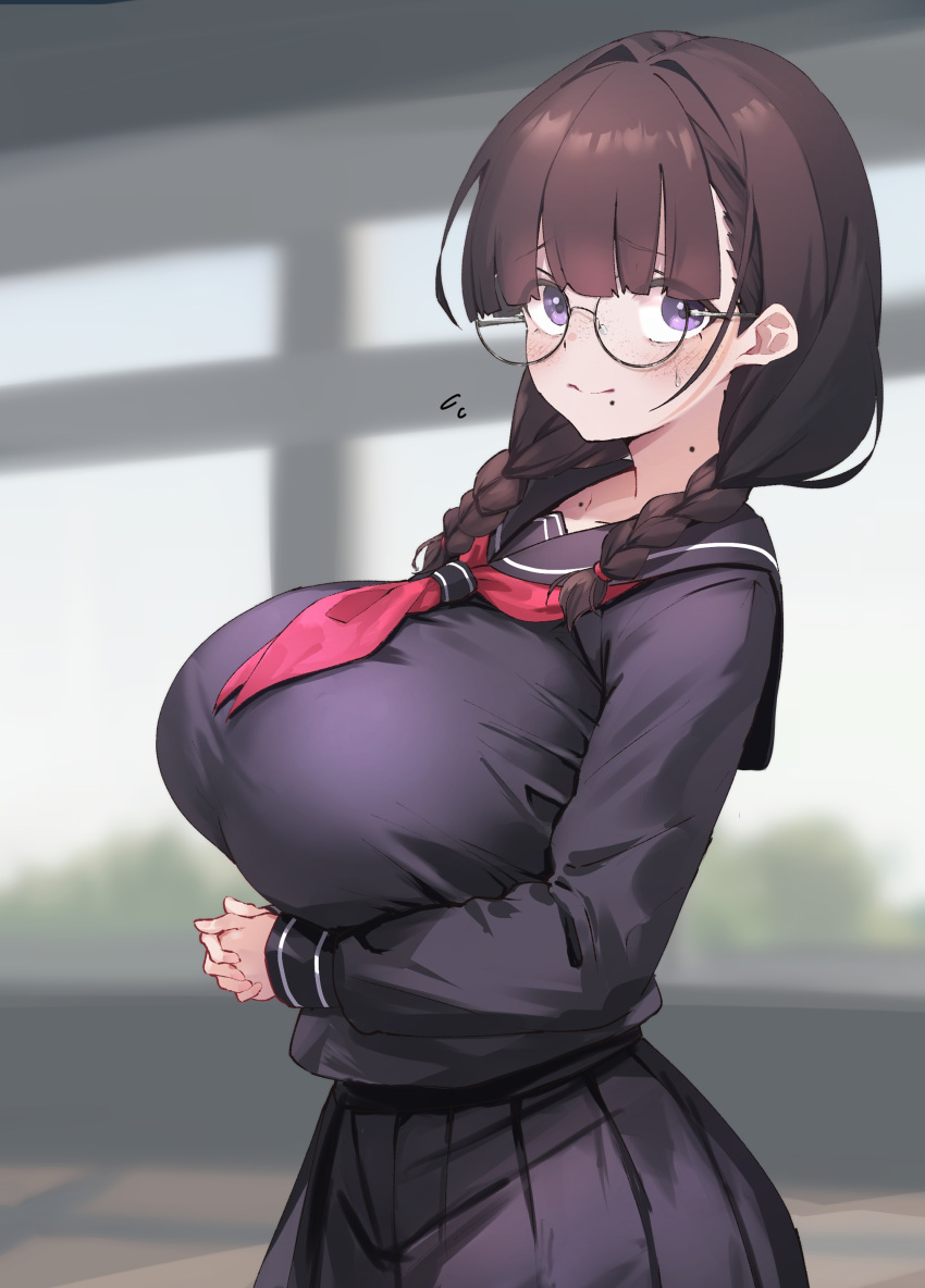 absurdres black-framed_eyewear black_serafuku black_skirt blunt_bangs blurry blurry_background blush braid breasts brown_hair closed_mouth collarbone commentary_request female flying_sweatdrops fon_(96nokimihito) glasses hair_intakes highres huge_breasts interlocked_fingers jimi_kyonyuu_megane_(96nokimihito) jimiko long_sleeves mole mole_on_collarbone mole_on_neck mole_under_mouth neckerchief original own_hands_together pleated_skirt purple_eyes red_neckerchief round_eyewear school_uniform serafuku skirt smile solo sweatdrop twin_braids