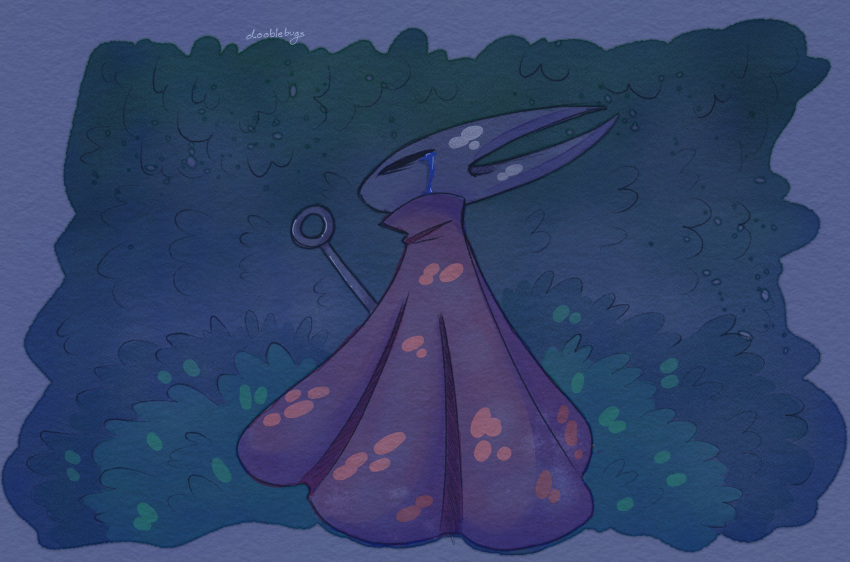 2_horns ambiguous_gender animal_humanoid anthro arthropod arthropod_humanoid artist_name black_eyes bodily_fluids cloak clothed clothing digital_drawing_(artwork) digital_media_(artwork) dooblebugs female_(lore) grass hi_res hollow_knight horn hornet_(hollow_knight) humanoid nail_(weapon) plant red_cloak red_clothing shaded solo team_cherry tears