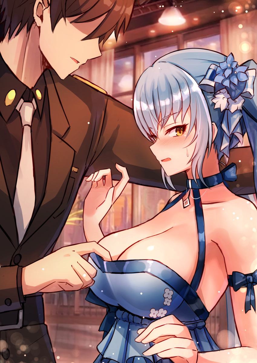 1boy absurdres blue_dress blue_eyes blue_hair blush breasts brown_eyes brown_hair cleavage clothes_pull commander_(nikke) dress dress_pull embarrassed faceless faceless_male female goddess_of_victory:_nikke highres indoors jimpu6 long_sleeves looking_to_the_side military_uniform necktie official_alternate_costume open_mouth privaty_(banquet_princess)_(nikke) privaty_(nikke) short_hair sidelocks suit sweatdrop uniform white_necktie