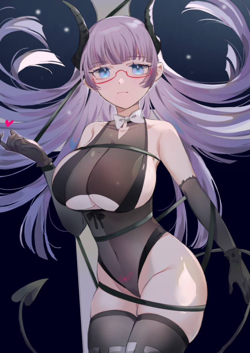 absurdres ariko_(aaaaarik) azur_lane black_gloves black_thighhighs blue_eyes breasts brown_leotard clothing_cutout covered_navel cowboy_shot curled_horns demon_girl demon_horns demon_tail female gloves gneisenau_(azur_lane) gneisenau_(nightmarish_succubus)_(azur_lane) halloween_costume highres horns huge_breasts leotard long_hair looking_at_viewer official_alternate_costume pubic_tattoo purple_hair rectangular_eyewear red-framed_eyewear see-through semi-rimless_eyewear solo tail tattoo thighhighs underboob_cutout very_long_hair