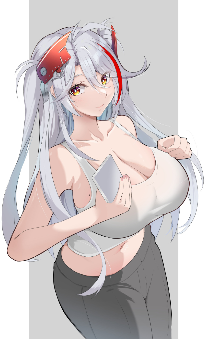 absurdres antenna_hair azur_lane black_pants breasts female grey_hair hair_between_eyes highres j_yak47 large_breasts long_hair mole mole_on_breast multicolored_hair navel pants prinz_eugen_(azur_lane) red_hair sideboob smile streaked_hair tank_top very_long_hair white_tank_top