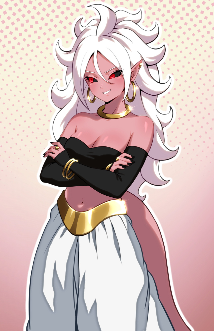 absurdres ahoge android_21 bare_shoulders black_sclera black_sleeves black_tube_top breasts cleavage colored_sclera colored_skin cowboy_shot detached_sleeves dragon_ball dragon_ball_fighterz earrings female highres hoop_earrings jewelry long_hair majin_android_21 medium_breasts pants pea-bean pink_background pink_skin pink_tail pointy_ears red_eyes solo strapless tube_top white_hair white_pants