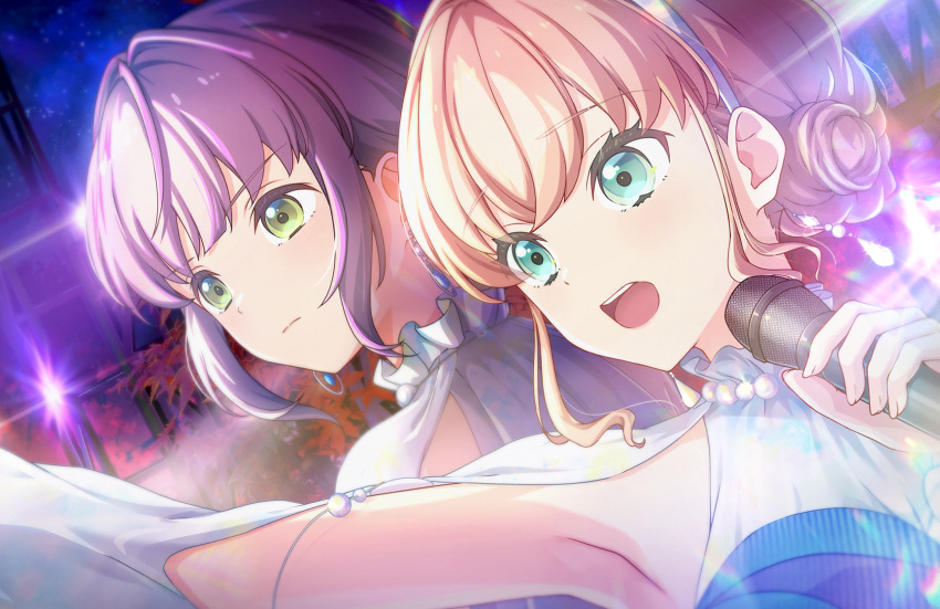 2girls aqua_eyes armpits blue_dress closed_mouth crossed_bangs dress dutch_angle game_cg green_eyes grey_hairband hair_bun hairband half-sleeves highres hinoshita_kaho holding holding_microphone lens_flare lens_flare_abuse light_frown link!_like!_love_live! looking_ahead love_live! microphone multiple_girls official_art open_mouth orange_hair otomune_kozue outstretched_arm purple_hair short_hair sidelocks single_hair_bun split_mouth teeth third-party_source tsubasa_la_liberte two-tone_dress upper_body upper_teeth_only v-shaped_eyebrows virtual_youtuber white_dress