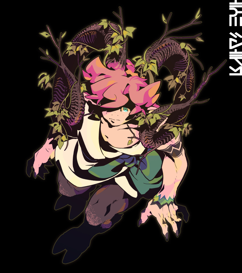 1boy absurdres alternate_species arm_tattoo black_background bow closed_mouth commentary_request freckles full_body green_bow green_eyes highres horns korean_commentary leaf male_focus milo_(pokemon) nail_polish pink_hair plant pokemon pokemon_swsh redlhzz shirt short_hair sleeveless sleeveless_shirt solo tattoo vines