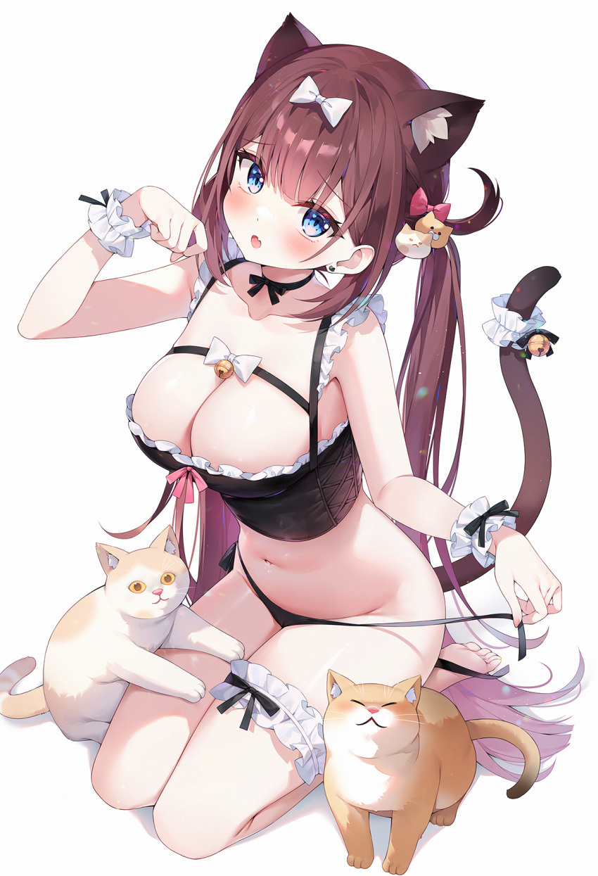 animal_ears ayamy ayamy_(vtuber) bare_arms bare_legs bare_shoulders barefoot bell black_choker black_panties black_shirt blue_eyes blush breasts bridal_garter brown_hair cat_ears cat_girl cat_tail choker cleavage commentary crop_top extra_ears feline female frilled_shirt frills hair_ornament hand_up highres indie_virtual_youtuber jingle_bell large_breasts long_hair looking_at_viewer medium_breasts navel no_pants oerba_yun_fang open_mouth panties ribbon_choker seiza shirt side-tie_panties simple_background sitting sleeveless sleeveless_shirt solo stomach string_panties tail thighs twintails underwear untied_panties very_long_hair virtual_youtuber white_background wrist_cuffs