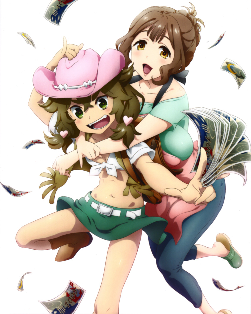 2girls absurdres bad_link belt boots breasts brown_eyes brown_hair cover cowboy_hat dvd_cover flat_chest green_eyes hat highres huge_breasts kaneko_hiraku kazami_torino long_hair looking_at_viewer mature_female meifon_sakura multiple_girls navel official_art scan simple_background smile valkyrie_drive valkyrie_drive_-mermaid- white_background yuri