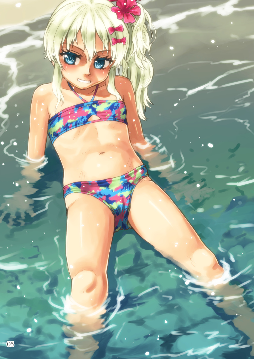 arimura_yuu bikini blonde_hair blue_bikini blue_eyes cameltoe feet_out_of_frame female flat_chest flower grecale_(kancolle) grecale_(swimsuit_mode)_(kancolle) hair_flower hair_ornament hairclip hibiscus highres kantai_collection long_hair multicolored_bikini multicolored_clothes official_alternate_costume partially_translated side_ponytail solo swimsuit translation_request water