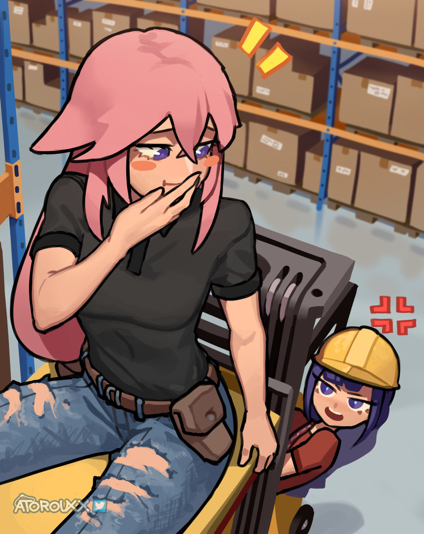 2girls ^^^ absurdres anger_vein artist_name atoroux belt belt_pouch black_shirt blush_stickers box breasts denim forklift genshin_impact hand_on_own_face hard_hat helmet highres indoors jeans long_hair looking_at_another multiple_girls open_mouth pants pink_hair pouch purple_eyes purple_hair raiden_shogun red_shirt shirt short_sleeves sitting yae_miko