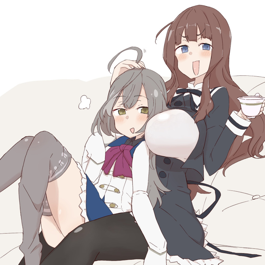 2girls :d animal_print arm_at_side assault_lily between_breasts black_pantyhose black_ribbon black_skirt blue_eyes blue_skirt blunt_bangs blush bow bowtie breasts brown_hair buttons commentary couch cropped_jacket cup feet_out_of_frame frilled_skirt frills grey_hair grey_thighhighs hand_on_another's_head hand_up hands_up head_between_breasts headpat high-waist_skirt highres holding holding_cup jacket kaede_johan_nouvel knees_together_feet_apart knees_up large_breasts long_hair long_sleeves looking_at_viewer miniskirt motion_lines multicolored_hair multiple_girls neck_ribbon on_couch open_mouth oversized_clothes pantyhose pink_bow pink_bowtie print_thighhighs puff_of_air rabbit_print ribbon sasaki_ran school_uniform shirt sidelocks simple_background sitting sitting_on_lap sitting_on_person skirt sleeves_past_fingers sleeves_past_wrists smile streaked_hair teacup thighhighs unbabaa v-shaped_eyebrows white_background white_jacket white_shirt yellow_eyes yuri yurigaoka_girls_academy_school_uniform