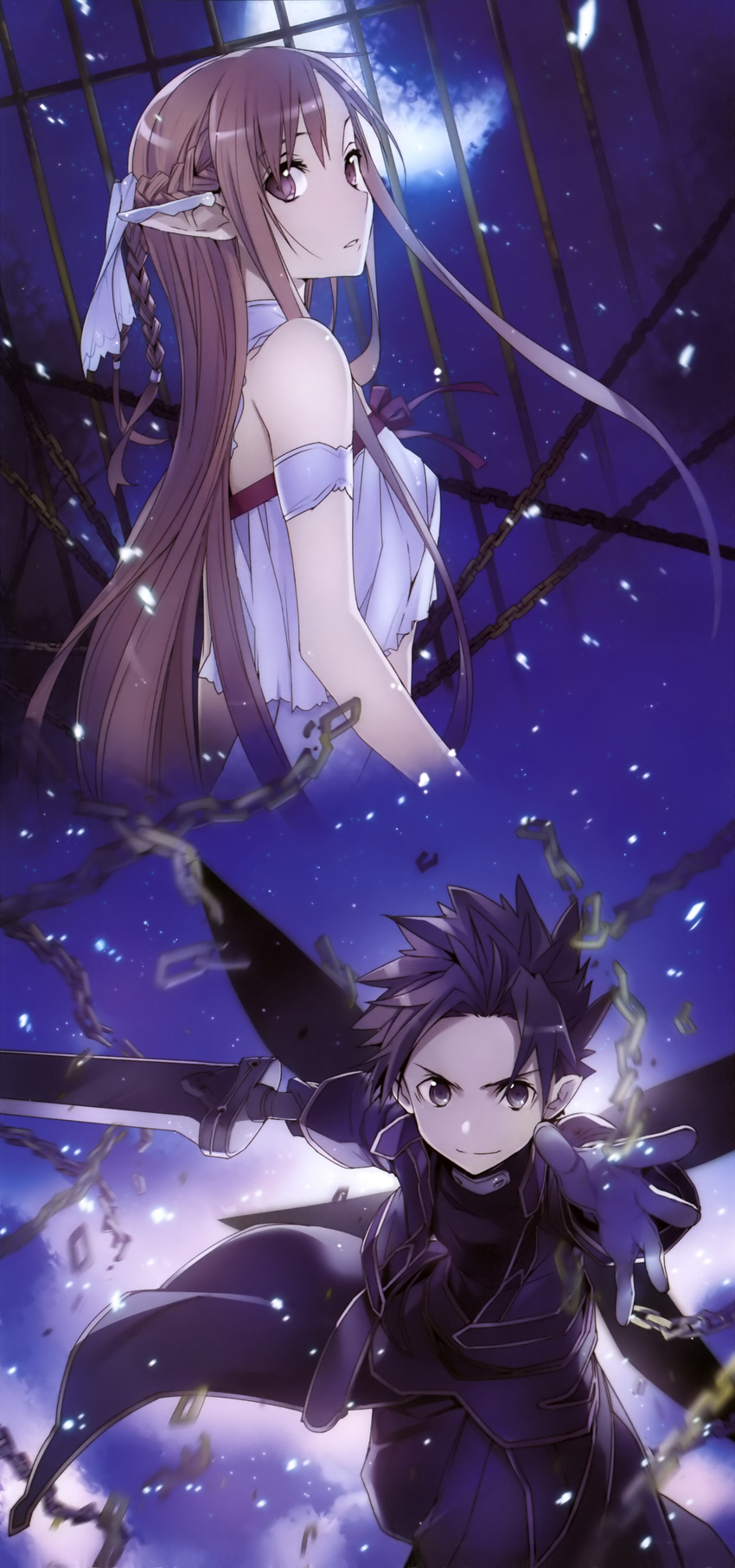 1boy absurdres asuna_(sao) bare_shoulders black_eyes black_hair black_iron_great_sword black_wings brown_eyes brown_hair bunbun cage chains cloud elf fairy fairy_wings female flying highres holding holding_sword holding_weapon kirito kirito_(sao-alo) long_hair looking_at_viewer magic multiple_wings night night_sky official_art pointy_ears sky spiked_hair spread_wings sword sword_art_online titania_(sao) unsheathed very_long_hair weapon wings