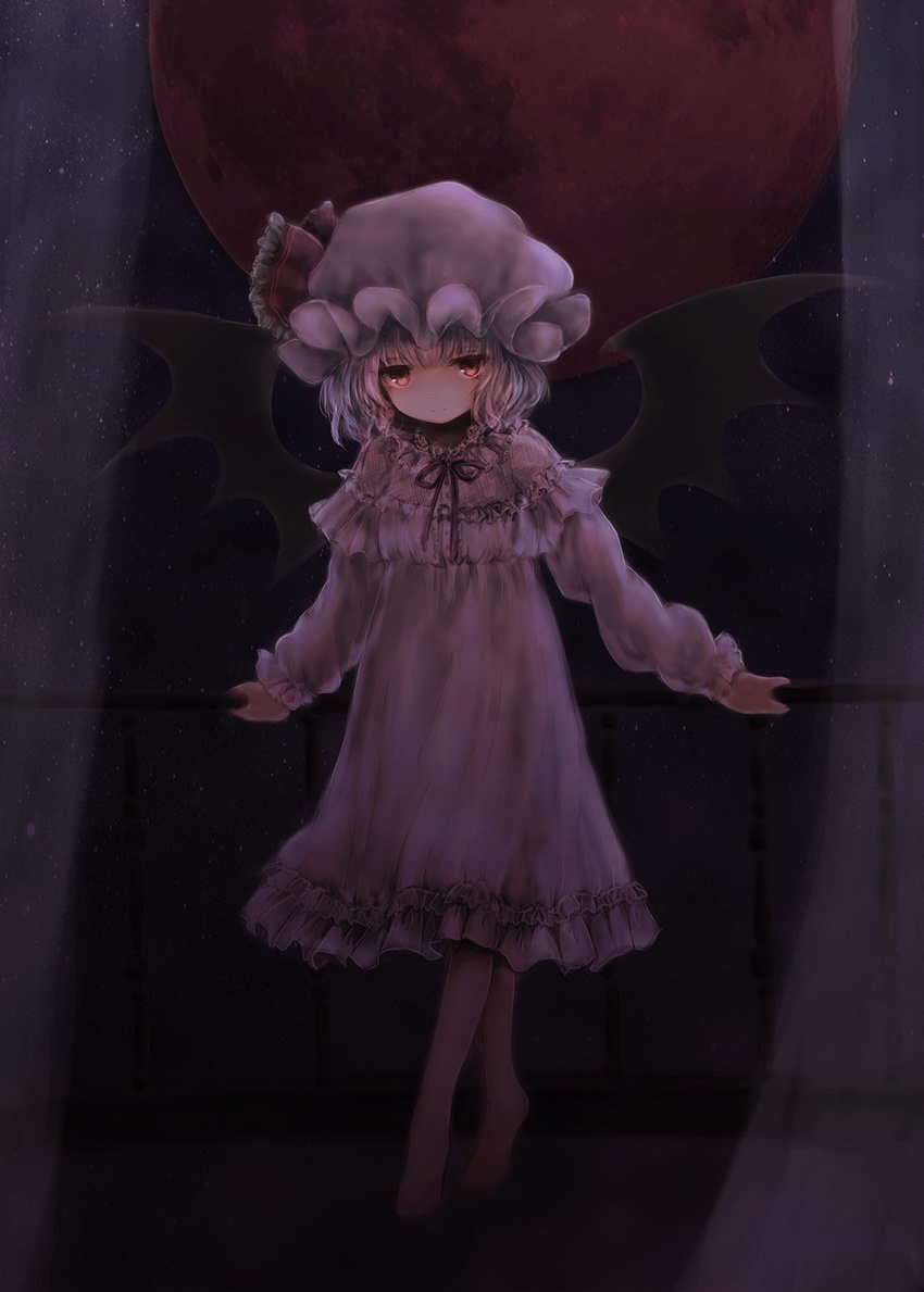 balcony barefoot bat_wings bebitera black_wings blunt_bangs curtains dark female full_body full_moon hat hat_ribbon highres long_sleeves looking_at_viewer mob_cap moon night night_sky nightgown pajamas red_eyes red_moon red_ribbon remilia_scarlet ribbon sky solo standing star_(sky) starry_sky touhou white_hair wings