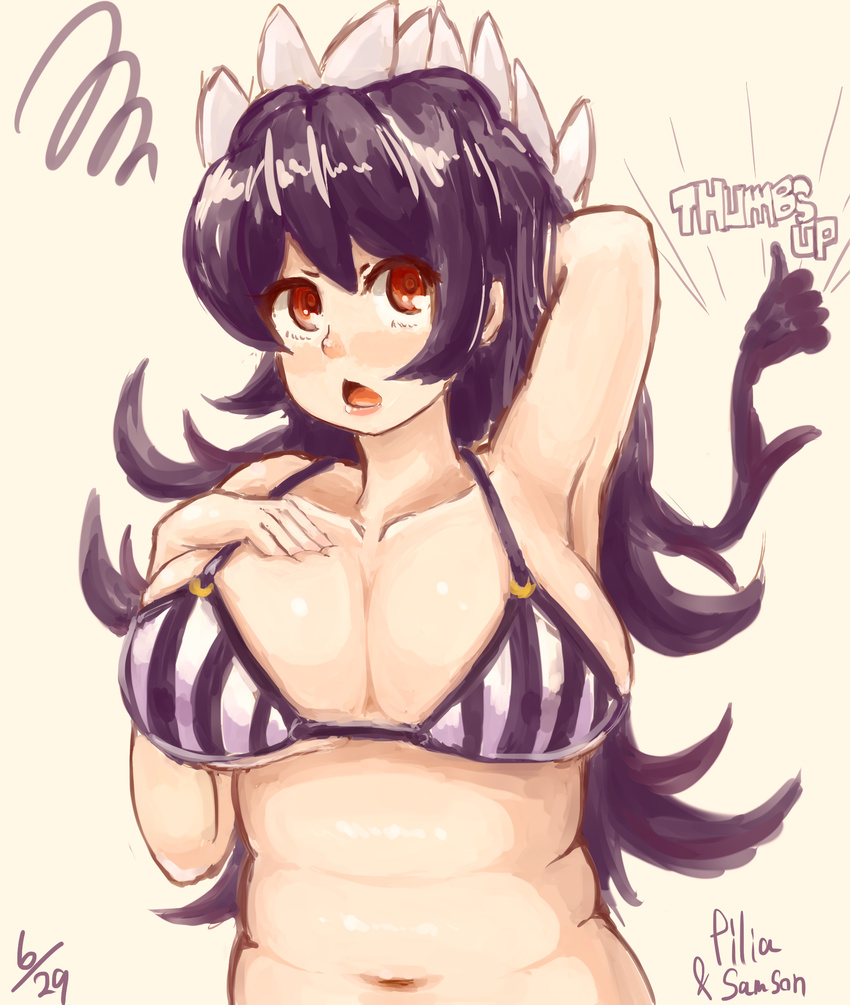 absurdres bad_id bad_pixiv_id bikini bikini_top_only black_hair breasts cleavage female filia_(skullgirls) firebeat_(foxtrot) highres large_breasts living_hair long_hair navel plump red_eyes samson_(skullgirls) skullgirls solo squiggle swimsuit thumbs_up