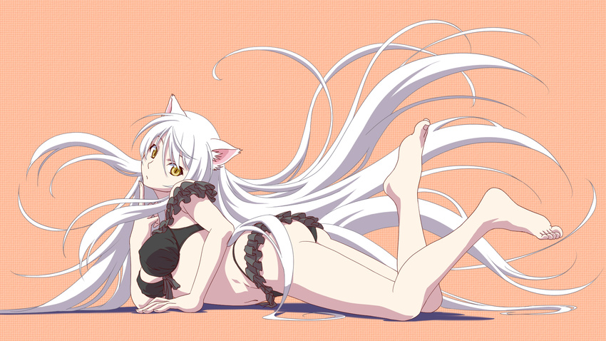 animal_ears ass bakemonogatari barefoot black_hanekawa bra cat_ears commentary_request feet female hanekawa_tsubasa highres long_hair monogatari_(series) nekomonogatari panties pitecube solo underwear underwear_only very_long_hair white_hair yellow_eyes