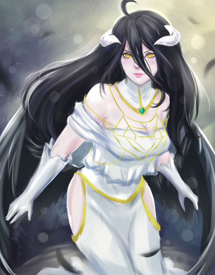 albedo_(overlord) bare_shoulders black_hair breasts cleavage commentary_request dress elbow_gloves female gloves highres hip_vent horns ikhwan_maulana large_breasts long_hair overlord_(maruyama) solo very_long_hair white_dress white_gloves