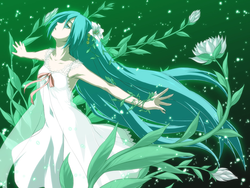 aqua_eyes aqua_hair commentary_request cosplay dress female flower hatsune_miku iga_tomoteru long_hair look-alike parody project_diva_(series) project_diva_2nd saya_(saya_no_uta) saya_(saya_no_uta)_(cosplay) saya_no_uta solo sundress very_long_hair vocaloid