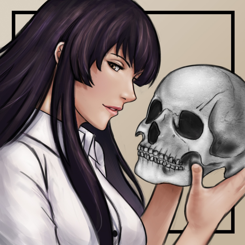 black_hair brown_eyes commentary_request female highres ikhwan_maulana kujou_sakurako lips long_hair photoshop_(medium) sakurako-san_no_ashimoto_ni_wa_shitai_ga_umatteiru skull smile solo