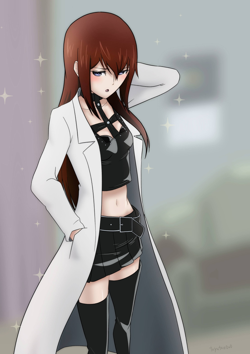 absurdres alternate_costume black_skirt black_thighhighs blue_eyes blurry blurry_background blush brown_hair collarbone commentary_request cosplay crop_top embarrassed female grey_background hair_between_eyes hand_in_pocket hasegawa_haruka hasegawa_haruka_(cosplay) highres lab_coat long_hair makise_kurisu midriff miniskirt moyashimon navel open_mouth pleated_skirt skirt solo standing steins;gate stomach straight_hair tayutau0a0 thighhighs very_long_hair zettai_ryouiki