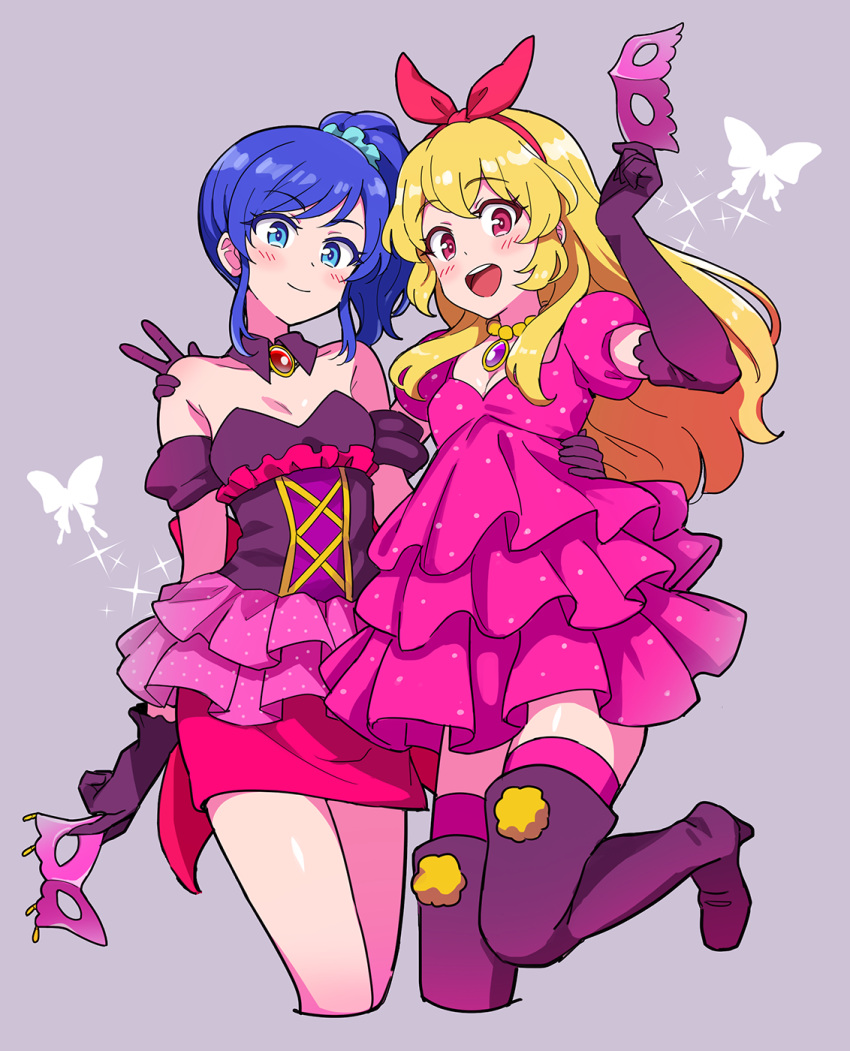 2girls :d aikatsu! aikatsu!_(series) blonde_hair blue_eyes blue_hair blue_scrunchie boots bow breasts bug butterfly choker cleavage closed_mouth corset cosplay cowboy_shot cropped_legs detached_collar detached_sleeves dress elbow_gloves frilled_dress frills gem gloves grey_background hairband hairbow hand_on_another's_shoulder highres holding holding_mask hoshimiya_ichigo hoshimiya_ringo_(aikatsu!) hoshimiya_ringo_(aikatsu!)_(cosplay) idol kiriya_aoi leg_up long_hair looking_at_viewer mask mitsuishi_orihime mitsuishi_orihime_(cosplay) multiple_girls open_mouth pink_dress pink_legwear pom_pom_(clothes) purple_dress purple_footwear purple_gloves red_bow red_eyes red_hairband scrunchie side_ponytail simple_background smile sparkle standing standing_on_one_leg strapless strapless_dress thigh_boots thighhighs two-tone_dress unworn_mask v yoban