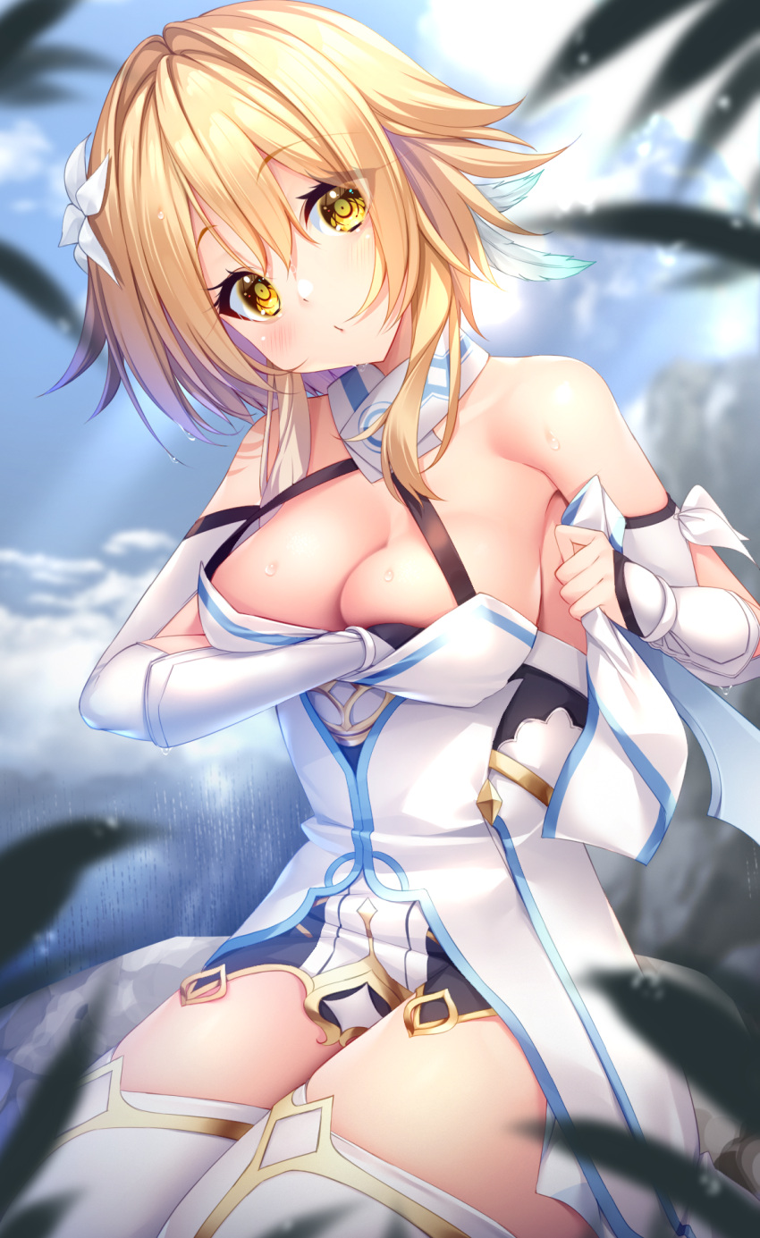 arm_guards blonde_hair blue_sky blurry blush breast_hold breasts brown_eyes chikuwabuta cleavage cloud commentary_request depth_of_field detached_sleeves dress feather_hair_ornament feathers female flower genshin_impact hair_between_eyes hair_flower hair_ornament hand_under_dress highres leaf light_brown_hair long_sleeves looking_at_viewer lumine_(genshin_impact) medium_breasts no_bra outdoors scarf short_hair short_hair_with_long_locks sidelocks sitting sky solo thighhighs thighs wet wet_hair white_scarf white_thighhighs yellow_eyes zettai_ryouiki