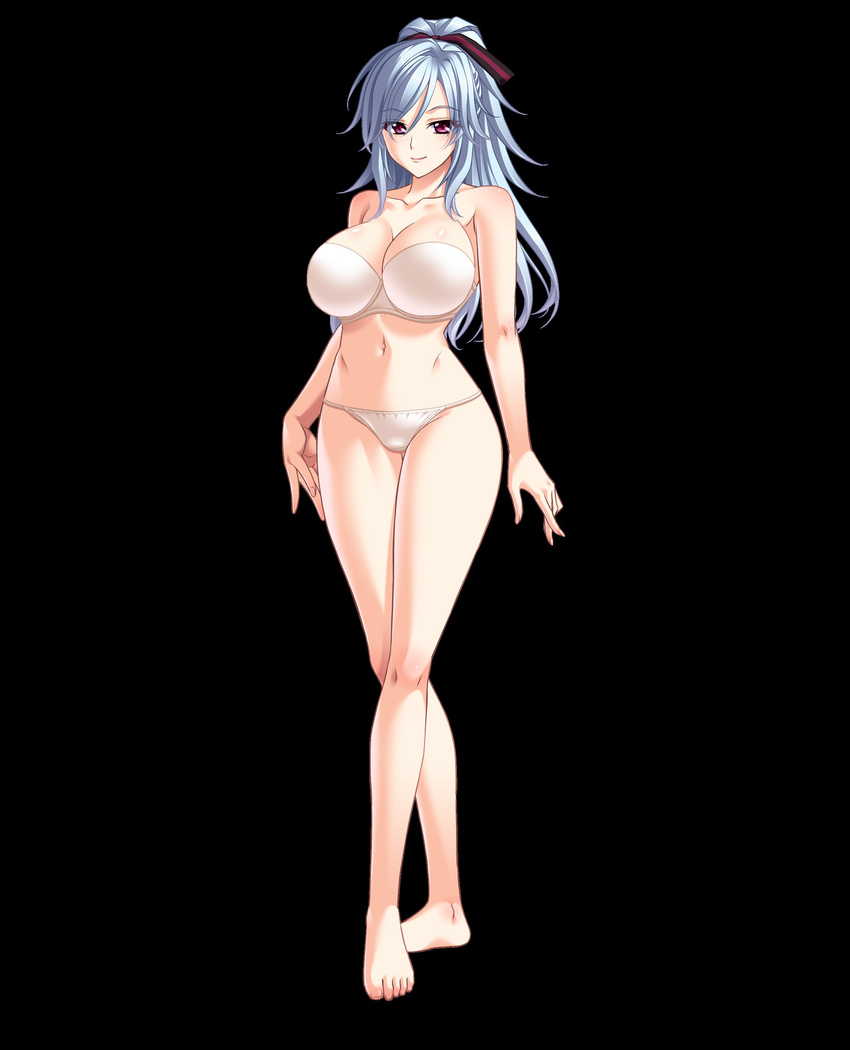 absurdres bare_shoulders barefoot bishop_(company) black_background blue_hair bra breasts cleavage feet female fi hair_ribbon highres hips huge_breasts legs long_hair looking_at_viewer navel panties pink_eyes ponytail ribbon silicon_magic simple_background smile solo standing strapless_bra thighs toes underwear