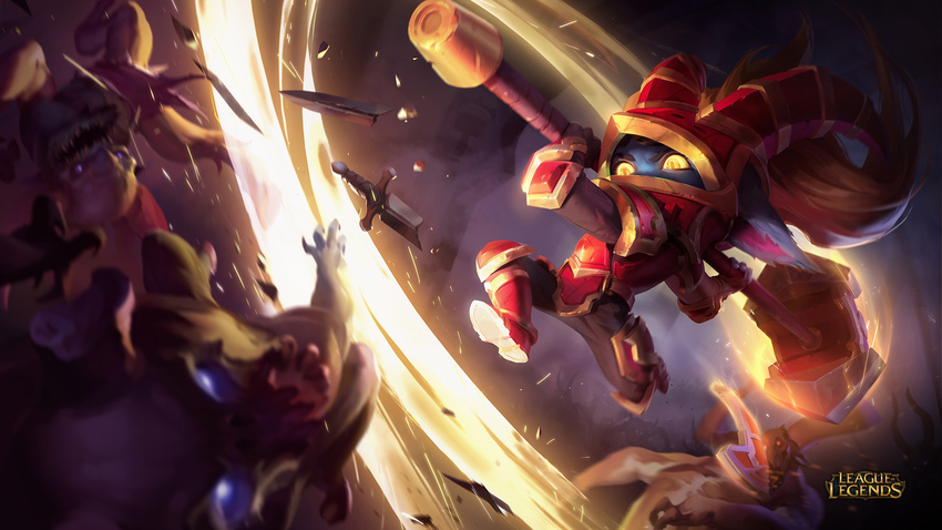 alternate_costume armor battle blue_skin colored_sclera colored_skin female hammer highres league_of_legends official_art photoshop_(medium) pointy_ears poppy_(league_of_legends) protected_link red_armor scarlet_hammer_poppy solo twintails yellow_eyes yellow_sclera yordle