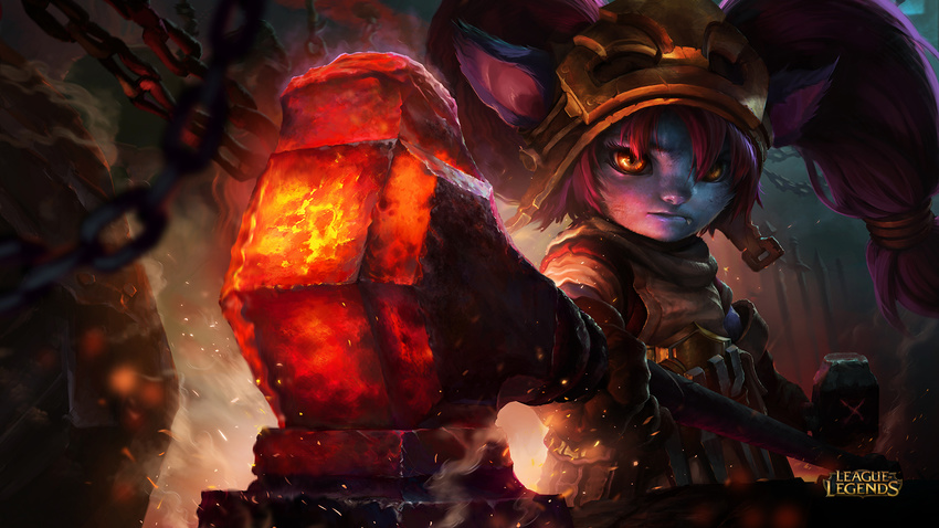 alternate_costume blacksmith blacksmith_poppy blue_skin colored_skin dousanxian female hammer highres league_of_legends oerba_yun_fang official_art photoshop_(medium) pointy_ears poppy_(league_of_legends) protected_link purple_hair solo twintails yellow_eyes yordle