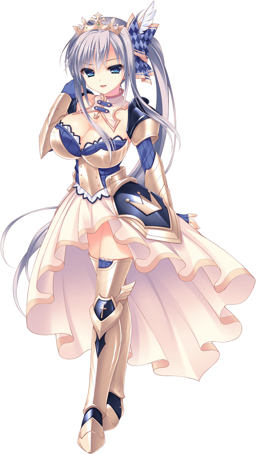 armor blue_eyes breasts bridal_gauntlets cecilia_highland cleavage crown dress female full_body game_cg grey_hair hair_ornament highres jewelry large_breasts long_hair looking_at_viewer love_love_princess open_mouth shoulder_pads smile solo transparent_background very_long_hair wori