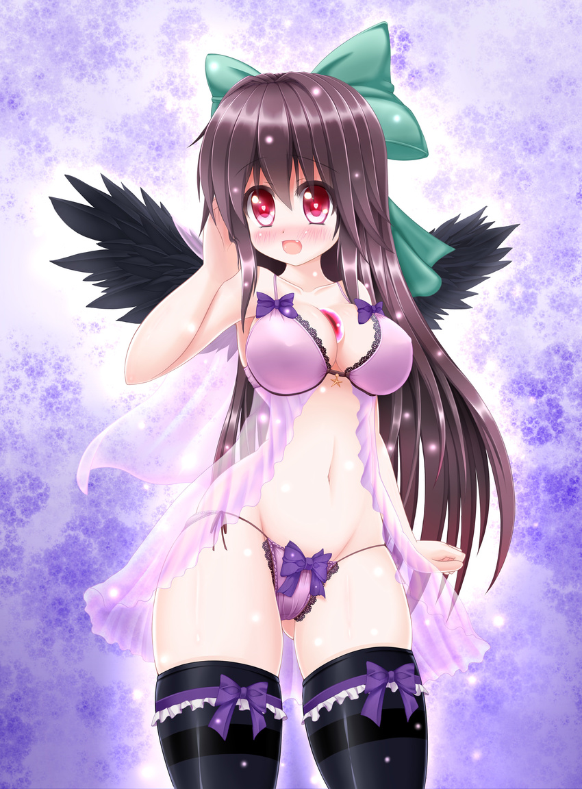 absurdres babydoll bad_id bad_pixiv_id bird_wings black_thighhighs black_wings blush bow bow_legwear bow_panties bra breasts brown_hair cleavage collarbone feathered_wings female green_bow hairbow hand_in_own_hair heart heart-shaped_pupils highres lace lace-trimmed_bra lace-trimmed_panties lace_trim large_breasts long_hair oerba_yun_fang open_mouth panties pink_bra purple_background purple_panties red_eyes reiuji_utsuho revision see-through side-tie_panties skindentation solo symbol-shaped_pupils thighhighs third_eye touhou underwear underwear_only very_long_hair wings wisp_d