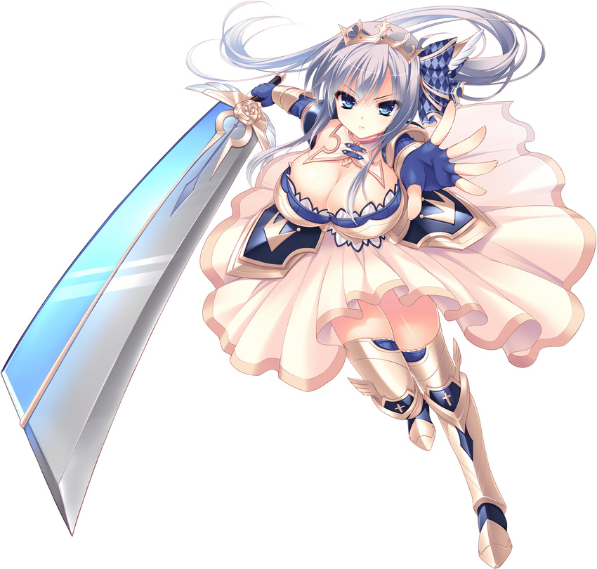 armor blue_eyes breasts bridal_gauntlets cecilia_highland cleavage crown dress female foreshortening full_body game_cg grey_hair hair_ornament highres huge_breasts long_hair looking_at_viewer love_love_princess shiny_skin shoulder_pads skindentation solo sword transparent_background very_long_hair weapon wori