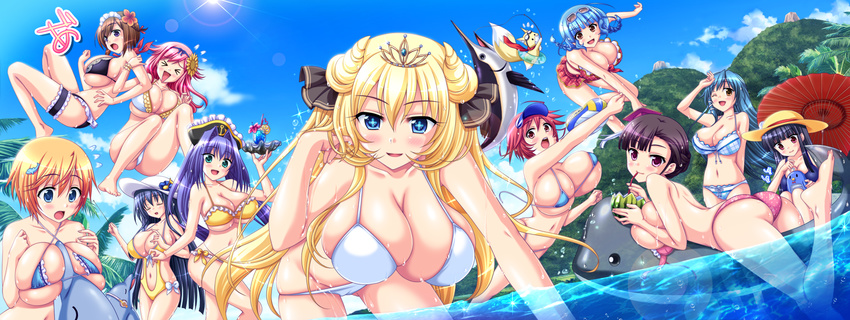 >_< +_+ 6+girls :d ;o ^^^ aibu_ren ass bent_over between_breasts bikini bikini_top_lift black_hair blonde_hair blue_eyes blue_hair blue_sky blush breasts breasts_out brown_hair cleavage closed_eyes clothes_lift cross-shaped_pupils day ebihara_mai eyewear_on_head forest fox frown game_cg green_eyes green_hair groin hair_ornament hanging_breasts highres honoo_no_haramase_oppai_nyuu_doukyuusei houjouji_mutsumi huge_breasts izunae_meiri komachi_mifuyu long_hair looking_at_viewer megumino_mashiro megumino_sakon michelle_de_la_farge mountain multiple_girls munemoto_minori nature navel one_eye_closed open_mouth otowa_kanade outdoors purple_eyes purple_hair red_eyes red_hair rock serizawa_nei short_hair skindentation sky smile sunglasses surprised swimsuit symbol-shaped_pupils tiara tooyama_asuka toy tree very_long_hair water wavy_mouth wide-eyed wince xd yuibi