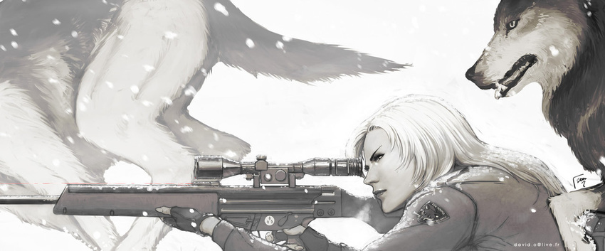 aiming bad_link commentary david_semsei female fingerless_gloves gloves gun h&k_psg1 laser laser_pointer_projection laser_sight lips long_hair metal_gear_(series) metal_gear_solid rifle scope sniper_rifle sniper_wolf snowing solo weapon white_hair wolf