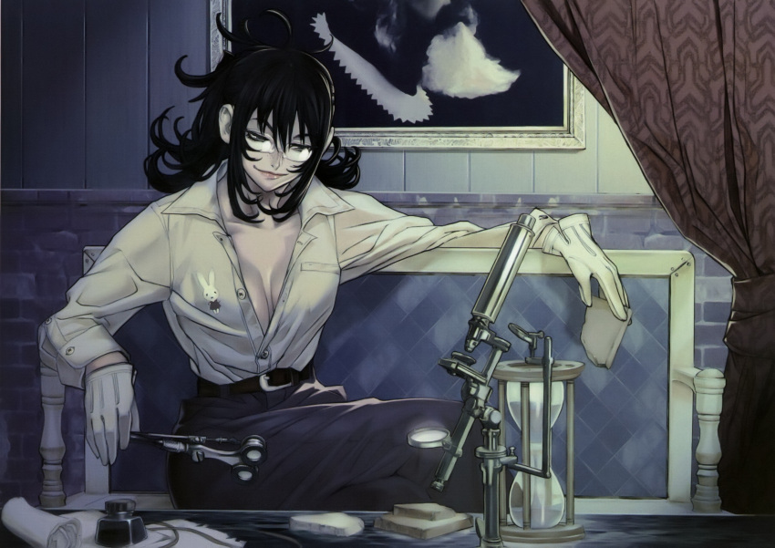 black_hair breasts cleavage couch dress_shirt female freckles glasses gloves hamutz_meseta high-waist_pants highres large_breasts long_hair maeshima_shigeki microscope open_clothes open_shirt painting_(object) pants photoshop_(medium) shirt solo tatakau_shisho unbuttoned