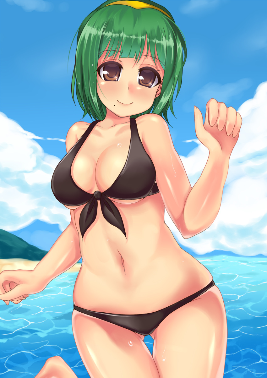 absurdres bare_shoulders beach bikini black_bikini bob_cut breasts brown_eyes cleavage commentary_request day female front-tie_top green_hair hairband highres idolmaster idolmaster_(classic) kagami_yuu medium_breasts mole mole_under_mouth otonashi_kotori outdoors short_hair smile solo swimsuit water