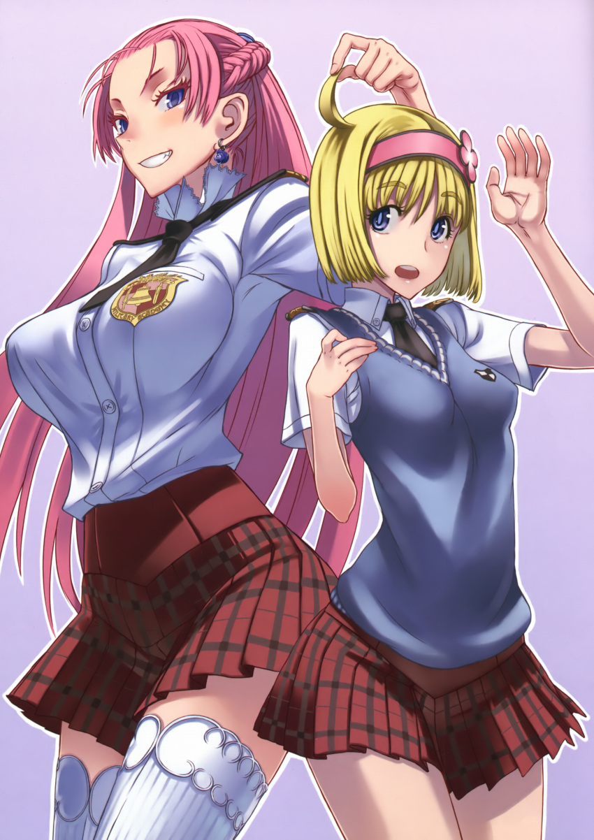 2girls absurdres ahoge blonde_hair blue_eyes breasts cosette_coalhearth earrings headband highres honjou_raita jewelry juliana_eberhardt large_breasts long_hair multiple_girls necktie pink_hair school_uniform senjou_no_valkyria_(series) senjou_no_valkyria_2 short_hair skirt thighhighs