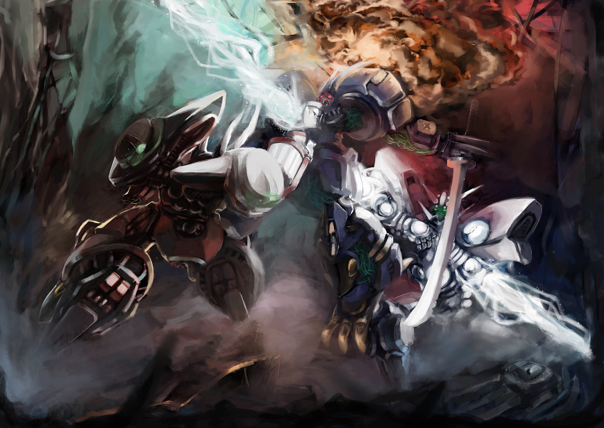 alteisen ameru.miro arm_blade bad_id bad_pixiv_id battle einst electricity explosion gespenst_mk_iii glowing glowing_eyes green_eyes highres katana mecha no_humans photoshop_(medium) pile_bunker red_eyes robot soulgain stab super_robot_wars super_robot_wars_og_the_inspector super_robot_wars_original_generation super_robot_wars_original_generation_2 sword tentacle_limbs weapon