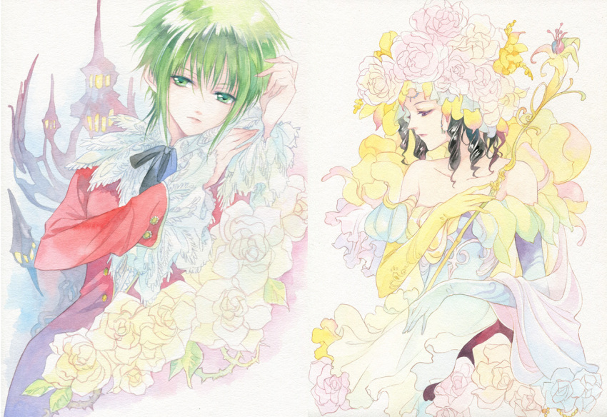 2girls agahari asellus_(saga_frontier) bare_shoulders black_hair commentary_request curly_hair elbow_gloves flower gloves green_eyes green_hair long_hair multiple_girls princess_white_rose purple_eyes rose saga saga_frontier short_hair thorns traditional_media white_flower white_rose