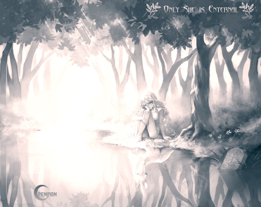 animification artist_name commentary_request english_text female forest greyscale lady_amalthea long_hair monochrome nature outdoors penpon personification photoshop_(medium) reflection signature sitting solo sunlight the_last_unicorn the_unicorn_(the_last_unicorn) tree unicorn water