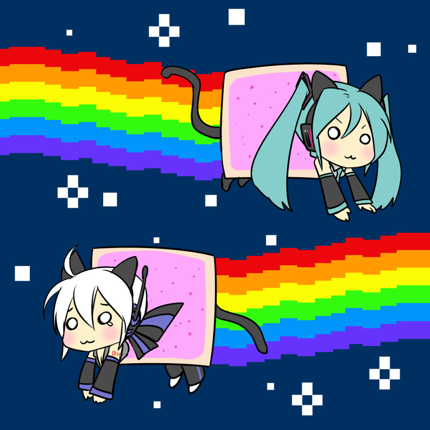 2girls :3 animal_ears aqua_eyes aqua_hair caffein cat_ears cat_tail chibi commentary hatsune_miku highres kemonomimi_mode long_hair meme multiple_girls nyan_cat nyanyanyanyanyanyanya!_(vocaloid) rainbow space tail teardrop twintails v-shaped_eyebrows vocaloid yowane_haku