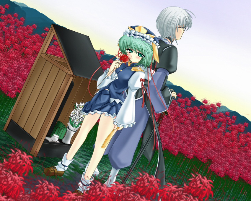 1boy back-to-back blush commentary_request female field flower flower_field frills from_behind glasses green_eyes green_hair grey_hair kirihane morichika_rinnosuke morning outdoors red_flower rod_of_remorse rose shiki_eiki skirt spider_lily straight sword touhou weapon white_flower white_rose