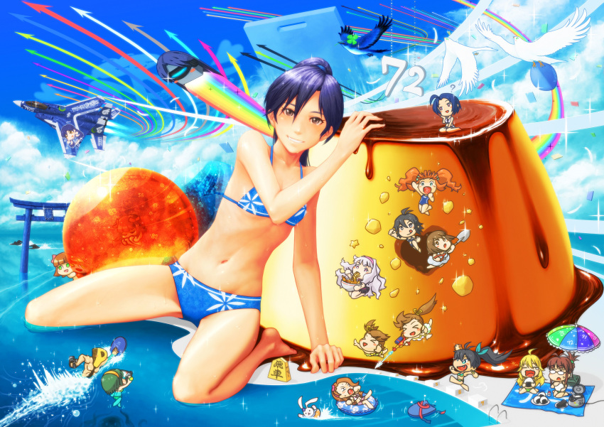 >_< 6+girls :d :o :q ? afloat ahoge aircraft airplane akizuki_ritsuko amami_haruka animal antenna_hair arm_support bad_id bad_pixiv_id barefoot beach beach_umbrella bikini bird black_hair blonde_hair blue_bikini blue_hair blush blush_stickers board_game brown_eyes brown_hair camcorder chibi chihacula closed_eyes cloud clover day everyone food four-leaf_clover futami_ami futami_mami ganaha_hibiki george_(genesika) giant giantess glasses green_hair grin hagiwara_yukiho hairband hamster hamuzou highres hoshii_miki idolmaster idolmaster_(classic) innertube itasha jet kickboard kikuchi_makoto kisaragi_chihaya long_hair midriff minase_iori miura_azusa multiple_girls navel nonowa noodles onigiri open_mouth orange_hair otonashi_kotori outdoors oversized_object p-head_producer ponytail pool producer_(idolmaster) pudding rainbow ramen rice_cooker shijou_takane shogi short_hair shovel side_ponytail sky smile stuffed_animal stuffed_toy surreal swim_ring swimming swimsuit takatsuki_yayoi tongue tongue_out torii umbrella video_camera water water_gun wet