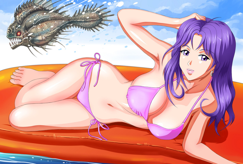 adjusting_hair armpits bare_shoulders barefoot bikini breasts commentary_request earrings female fish inflatable_raft jewelry kagami_mira large_breasts lipstick long_hair lying makeup midriff on_side photoshop_(medium) pink_bikini purple_eyes purple_hair shopyun side-tie_bikini_bottom solo swimsuit tokimeki_memorial tokimeki_memorial_1