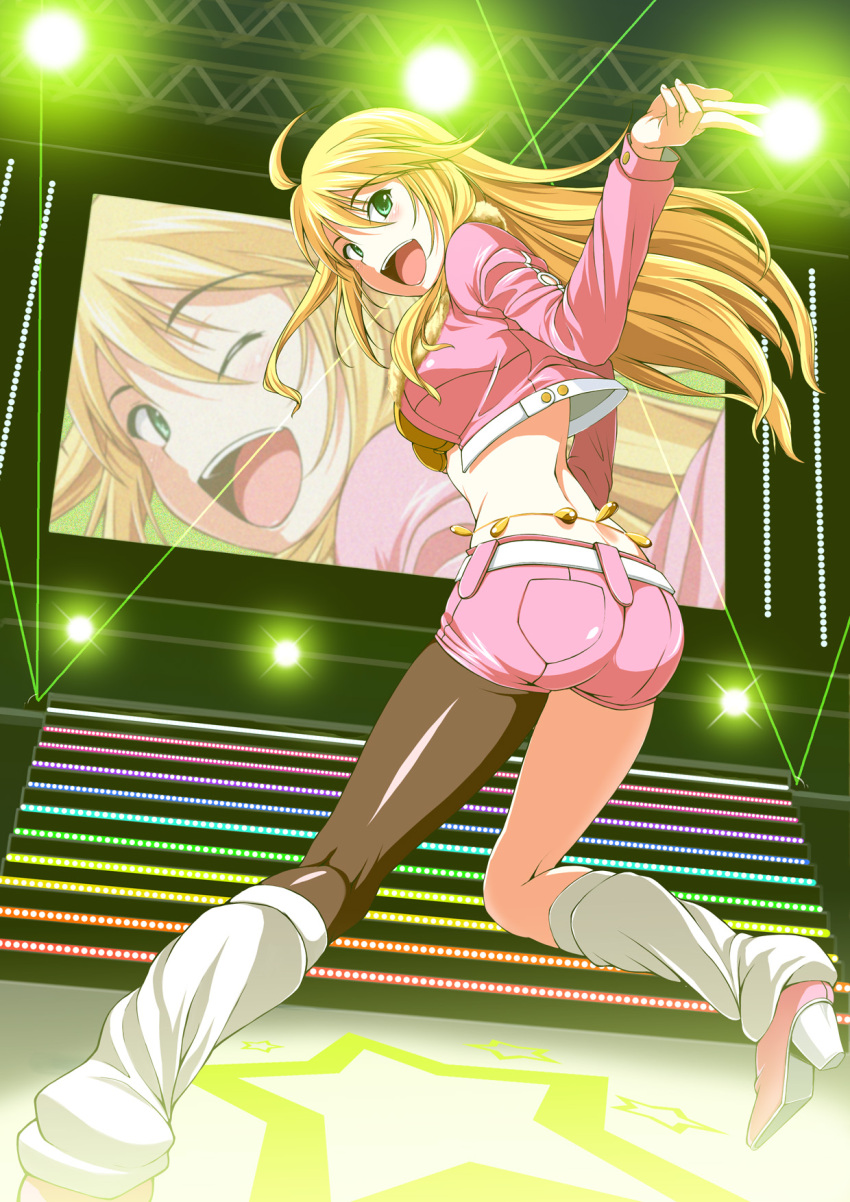 ahoge ass asymmetrical_clothes belly_chain blonde_hair boots breasts commentary_request cropped_jacket female from_behind green_eyes highres hoshii_miki idolmaster idolmaster_(classic) jacket jewelry laser leg_warmers long_hair looking_back medium_breasts midriff nishi_(count2.4) open_mouth pantyhose pantyhose_under_shorts photoshop_(medium) pink_diamond_765_(idolmaster) pink_shorts shiny_clothes shorts single_leg_pantyhose smile solo stage_lights television