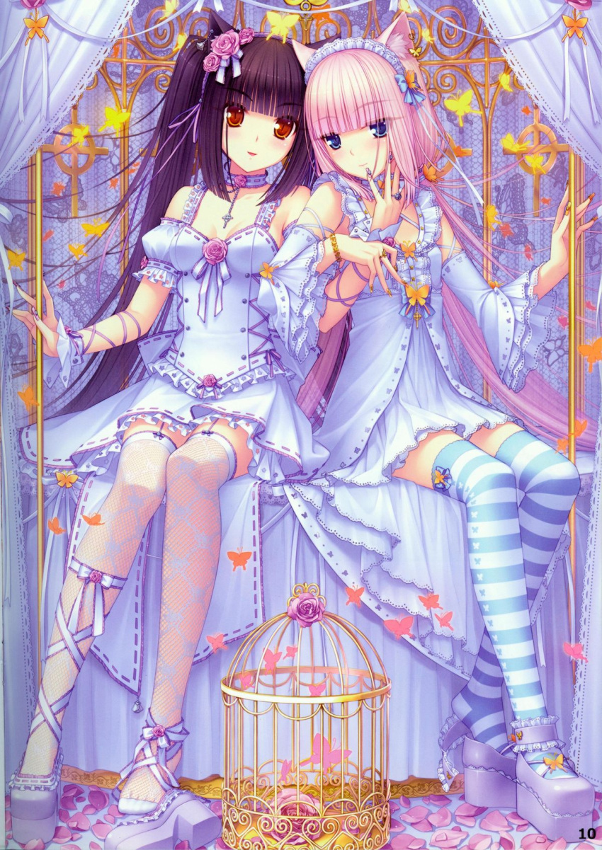 2girls animal_ears ankle_garter black_hair blonde_hair blue_eyes brown_eyes cage cat_ears chocola_(nekopara) choker highres leg_ribbon long_hair multiple_girls nail_art nail_polish nekopara non-web_source photoshop_(medium) pink_nails ribbon sayori_(neko_works) shoe_dangle shoes single_shoe sitting striped_clothes striped_thighhighs thighhighs twintails vanilla_(nekopara) very_long_hair yellow_nails