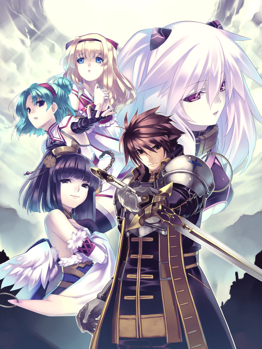 4girls absurdres agarest_senki_(series) agarest_senki_zero aqua_hair armor bare_shoulders black_hair blonde_hair blue_eyes blunt_bangs breasts bridal_gauntlets chains choker cloud coat double_bun elbow_gloves fantasy fingerless_gloves friedelinde_(agarest_senki_zero) frills fur_trim gloves hair_bun hair_ornament hairband highres hirano_katsuyuki jewelry light_rays long_hair medium_breasts mimel_(agarest_senki_zero) multiple_girls necklace official_art outstretched_hand own_hands_clasped own_hands_together pendant photoshop_(medium) ponytail purple_eyes routier_(agarest_senki_zero) sayane_(agarest_senki_zero) short_hair sieghart_(agarest_senki_zero) sky smile spiked_hair standing sunbeam sunlight sword thighhighs trench_coat turtleneck underboob weapon white_hair wings zettai_ryouiki