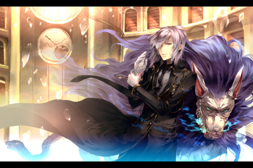 1boy cerberus_(megami_tensei) commentary_request devil_survivor devil_survivor_2 gloves grey_hair hair_over_one_eye highres houtsuin_yamato letterboxed male_focus necktie solo sunakumo